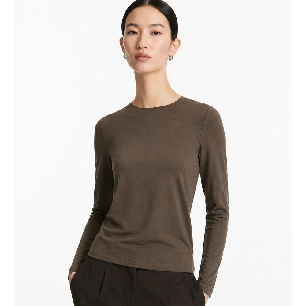 COS Womens Long Sleeve Modal Blend Crew Neck Top Taupe Brown Size S NWT